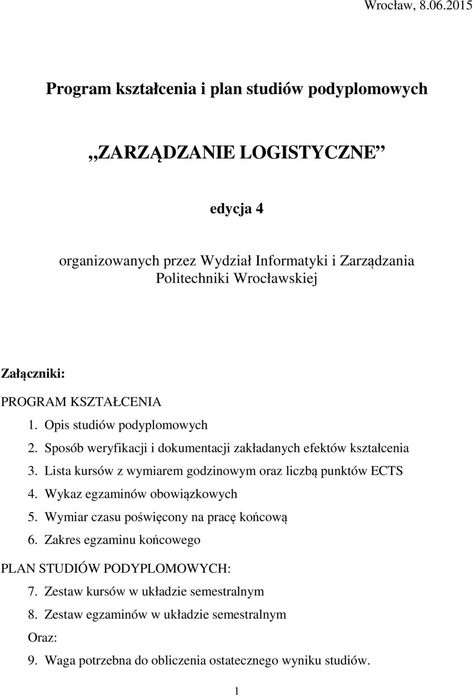 rocławskiej Załączniki: PROGRAM KSZTAŁENIA 1. Opis studiów podyplomowych. Sposób weryfikacji i dokumentacji zakładanych efektów kształcenia 3.