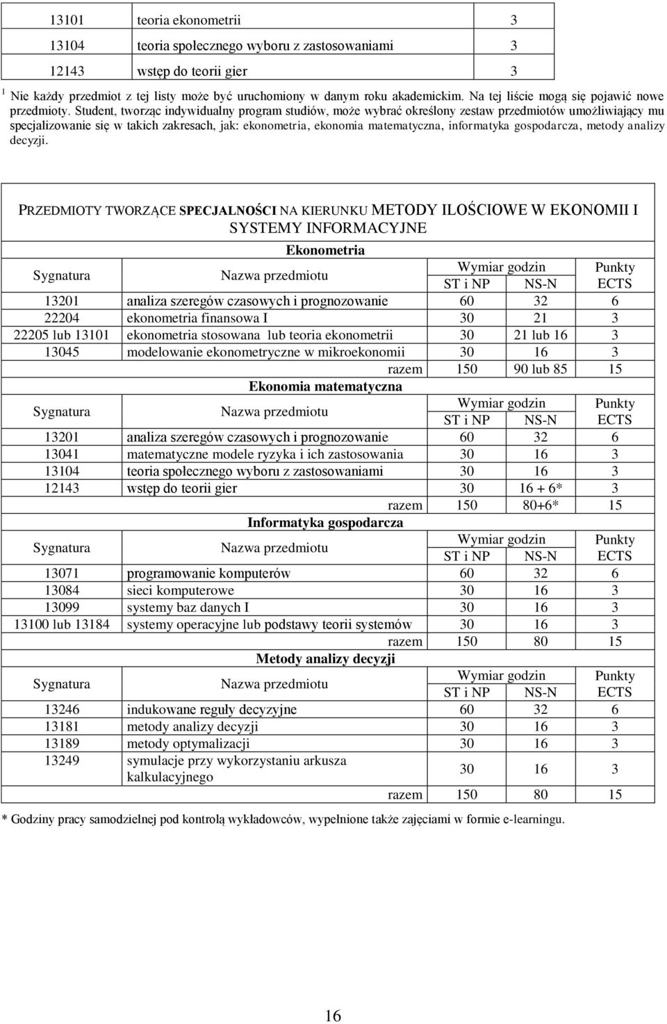 Student, tworząc indywidualny program studiów, może wybrać określony zestaw przedmiotów umożliwiający mu specjalizowanie się w takich zakresach, jak: ekonometria, ekonomia matematyczna, informatyka