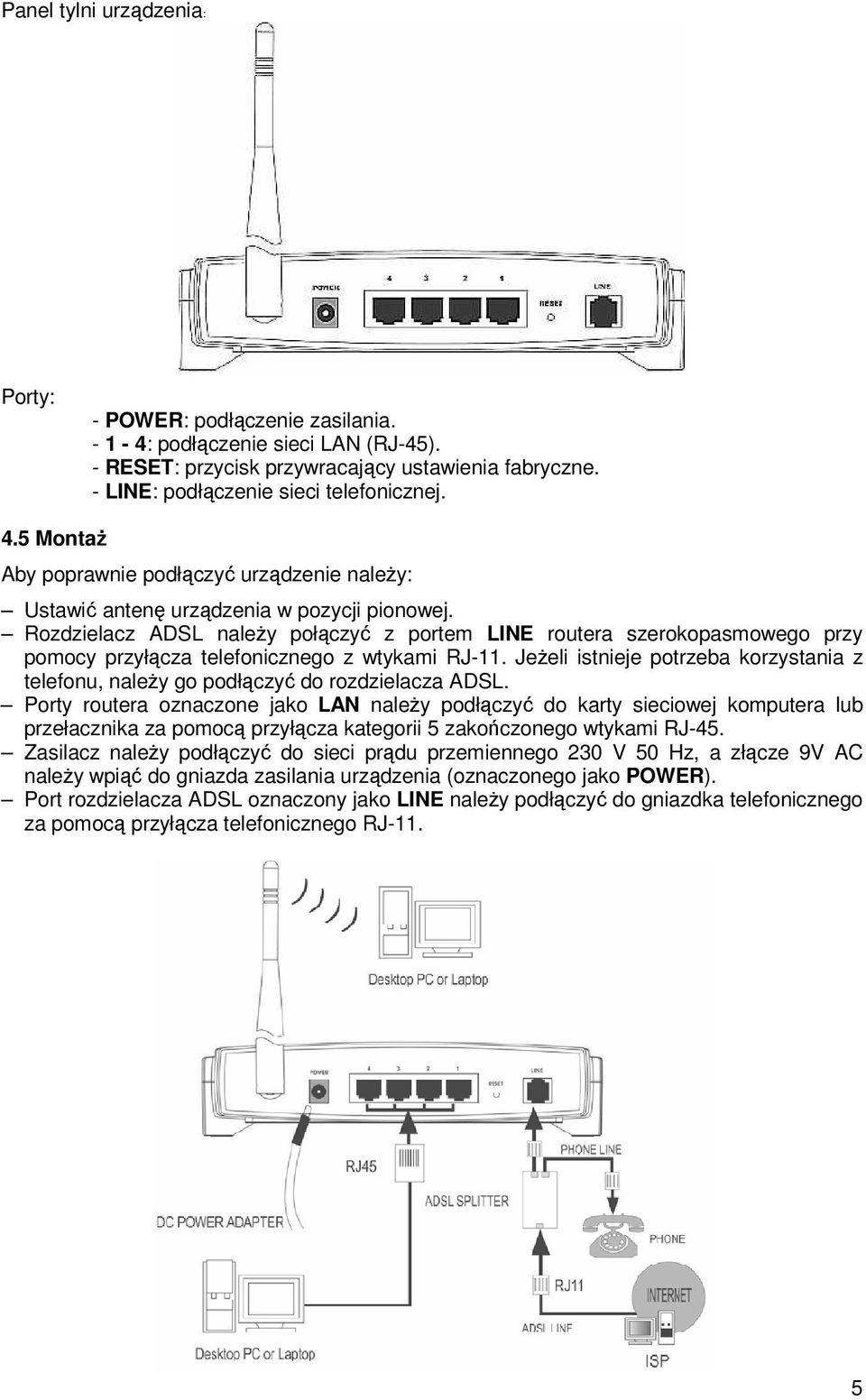 Rozdzielacz ADSL naleŝy połączyć z portem LINE routera szerokopasmowego przy pomocy przyłącza telefonicznego z wtykami RJ-11.