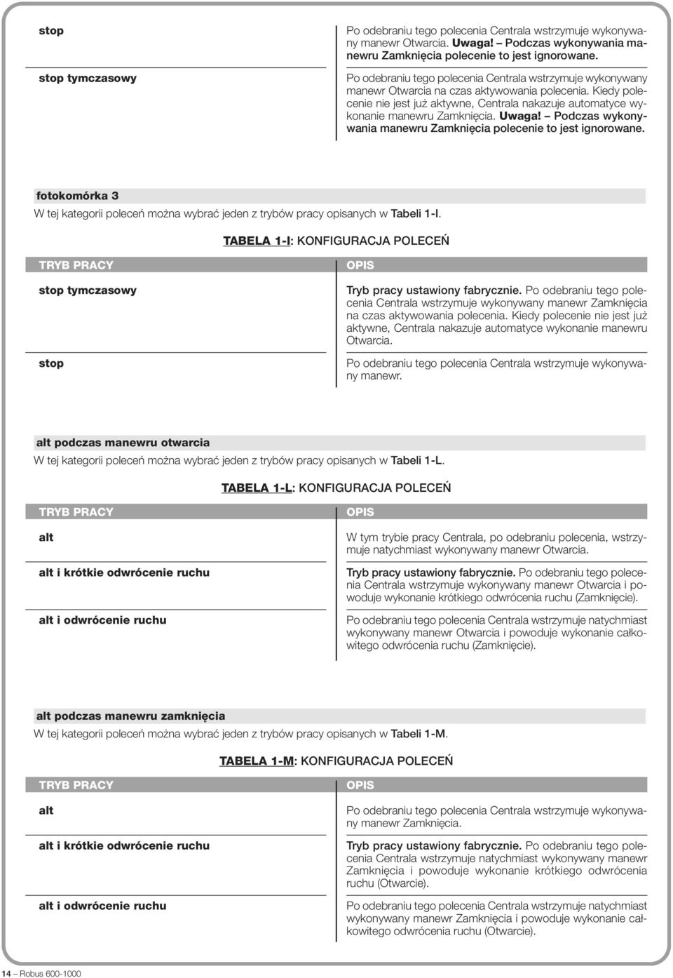 Kiedy polecenie nie jest już aktywne, Centrala nakazuje automatyce wy - konanie manewru Zamknięcia. Uwaga! Podczas wykonywania manewru Zamknięcia polecenie to jest ignorowane.