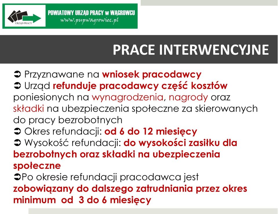 refundacji: od 6 do 12 miesięcy Wysokość refundacji: do wysokości zasiłku dla bezrobotnych oraz składki na