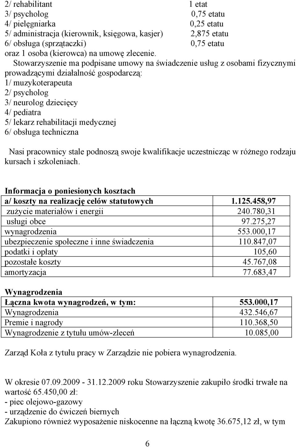 Stowarzyszenie ma podpisane umowy na świadczenie usług z osobami fizycznymi prowadzącymi działalność gospodarczą: 1/ muzykoterapeuta 2/ psycholog 3/ neurolog dziecięcy 4/ pediatra 5/ lekarz