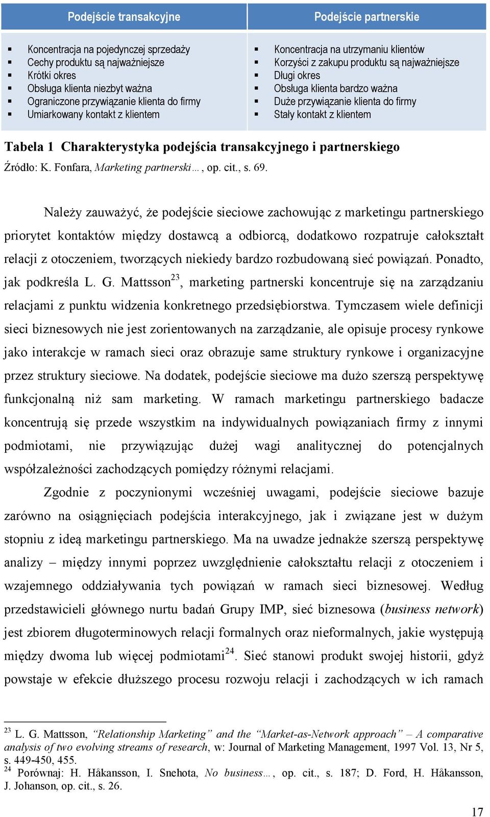 kontakt z klientem Tabela 1 Charakterystyka podejścia transakcyjnego i partnerskiego Źródło: K. Fonfara, Marketing partnerski, op. cit., s. 69.