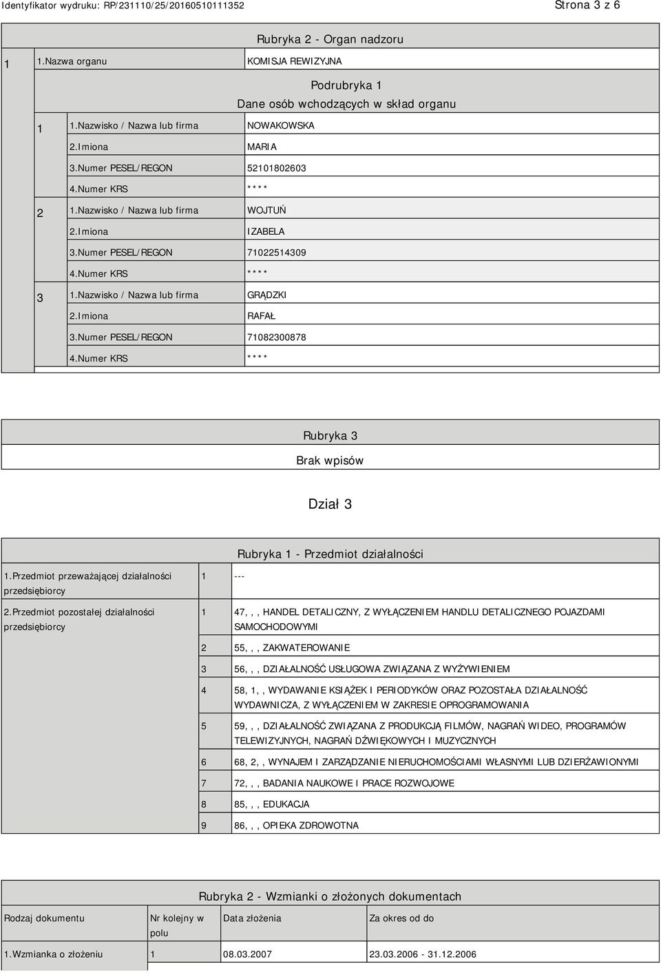 Numer PESEL/REGON 71082300878 Rubryka 3 Dział 3 Rubryka 1 - Przedmiot działalności 1.Przedmiot przeważającej działalności przedsiębiorcy 2.