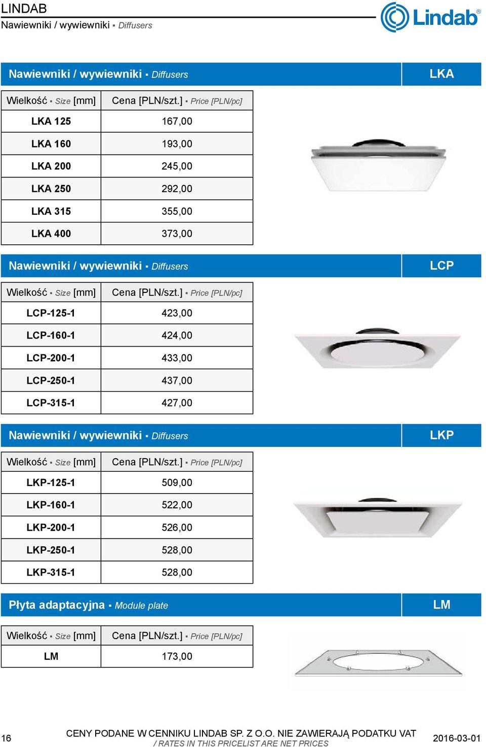 424,00 LCP-200-1 433,00 LCP-250-1 437,00 LCP-315-1 427,00 Nawiewniki / wywiewniki Diffusers LKP Wielkość Size LKP-125-1 509,00