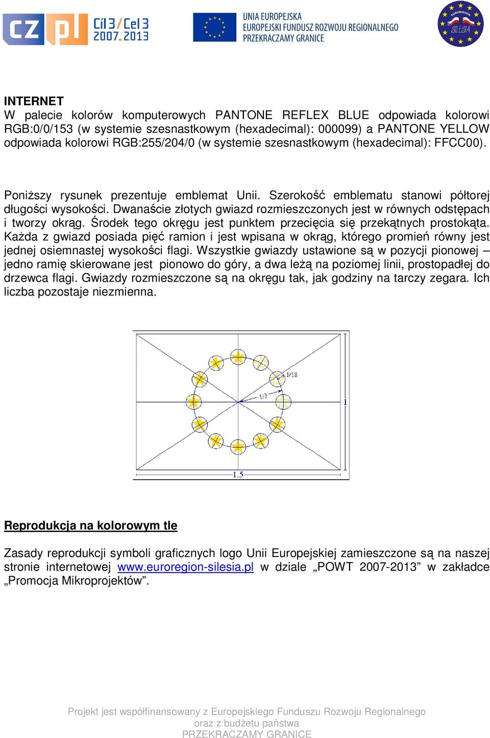 Dwanaście złotych gwiazd rozmieszczonych jest w równych odstępach i tworzy okrąg. Środek tego okręgu jest punktem przecięcia się przekątnych prostokąta.