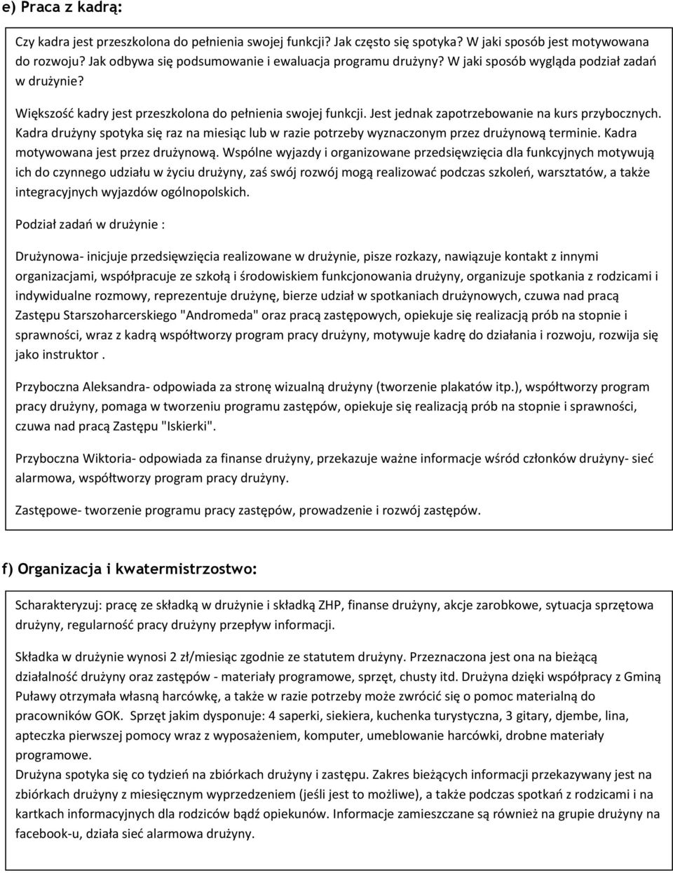 Kadra drużyny spotyka się raz na miesiąc lub w razie potrzeby wyznaczonym przez drużynową terminie. Kadra motywowana jest przez drużynową.