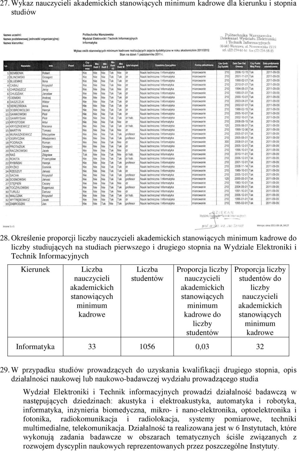 Kierunek Liczba nauczycieli akademickich stanowiących minimum kadrowe Liczba studentów Proporcja liczby nauczycieli akademickich stanowiących minimum kadrowe do liczby studentów Proporcja liczby