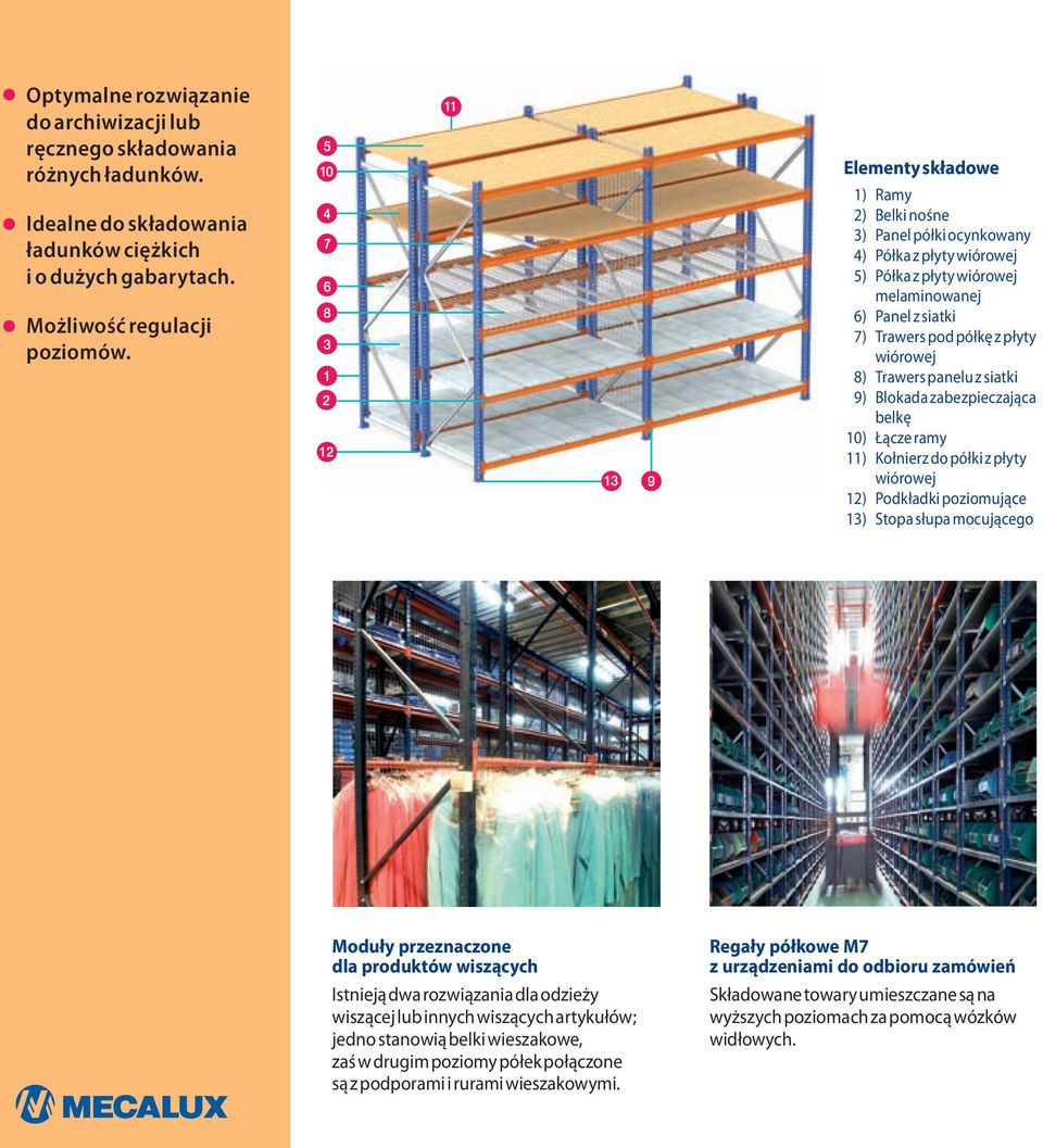 półkę z płyty wiórowej 8) Trawers panelu z siatki 9) Blokada zabezpieczająca belkę 10) Łącze ramy 11) Kołnierz do półki z płyty wiórowej 12) Podkładki poziomujące 13) Stopa słupa mocującego Moduły