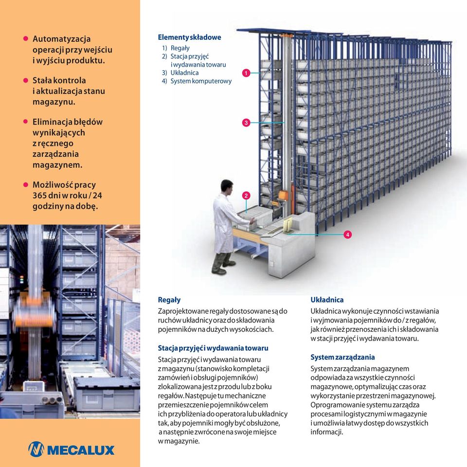 3 Możliwość pracy 365 dni w roku / 24 godziny na dobę. 2 4 Regały Zaprojektowane regały dostosowane są do ruchów układnicy oraz do składowania pojemników na dużych wysokościach.