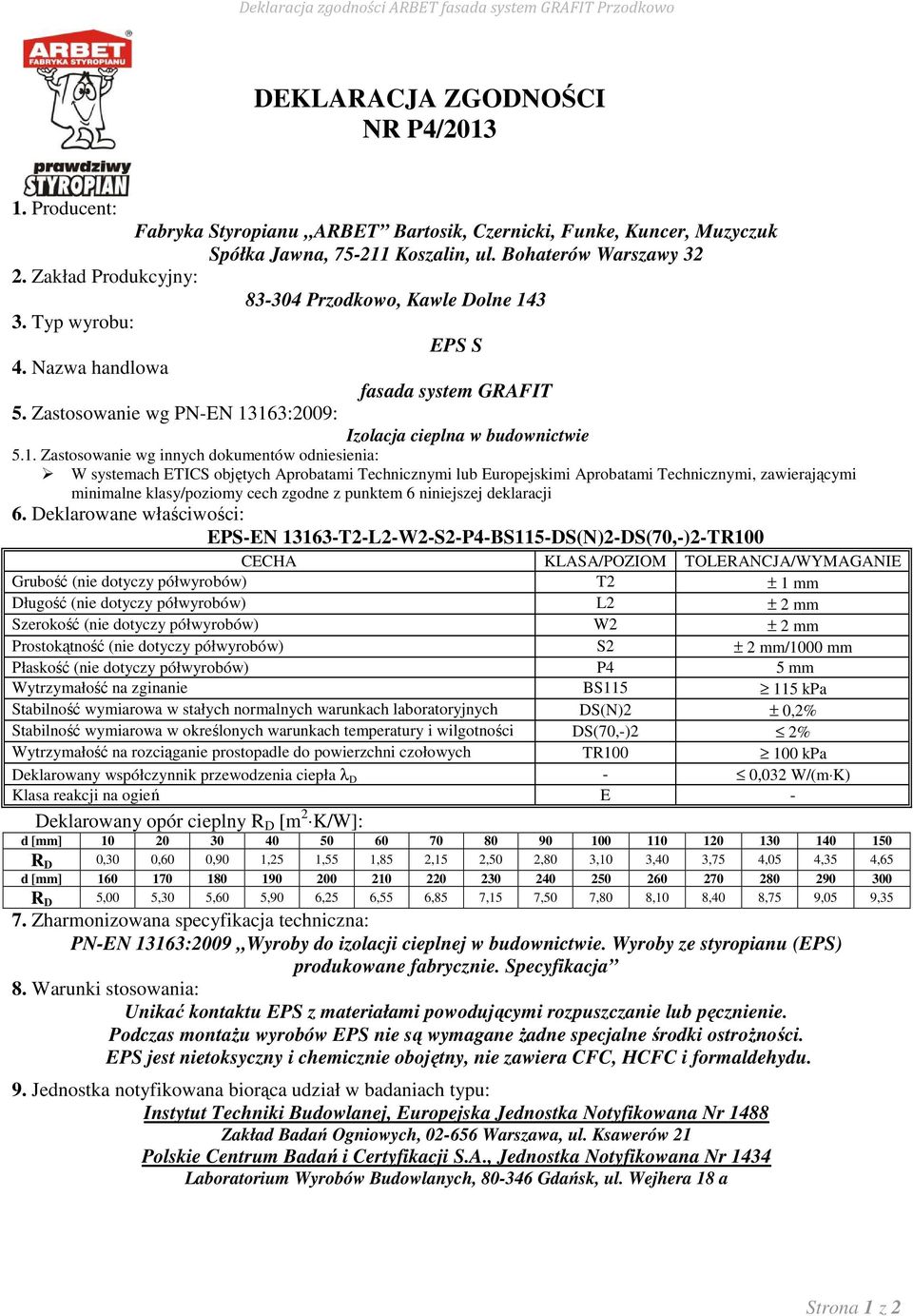 Typ wyrobu: EPS S 4. Nazwa handlowa fasada system GRAFIT 5. Zastosowanie wg PN-EN 13