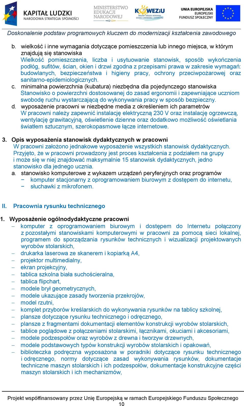 minimalna powierzchnia (kubatura) niezbędna dla pojedynczego stanowiska Stanowisko o powierzchni dostosowanej do zasad ergonomii i zapewniające uczniom swobodę ruchu wystarczającą do wykonywania