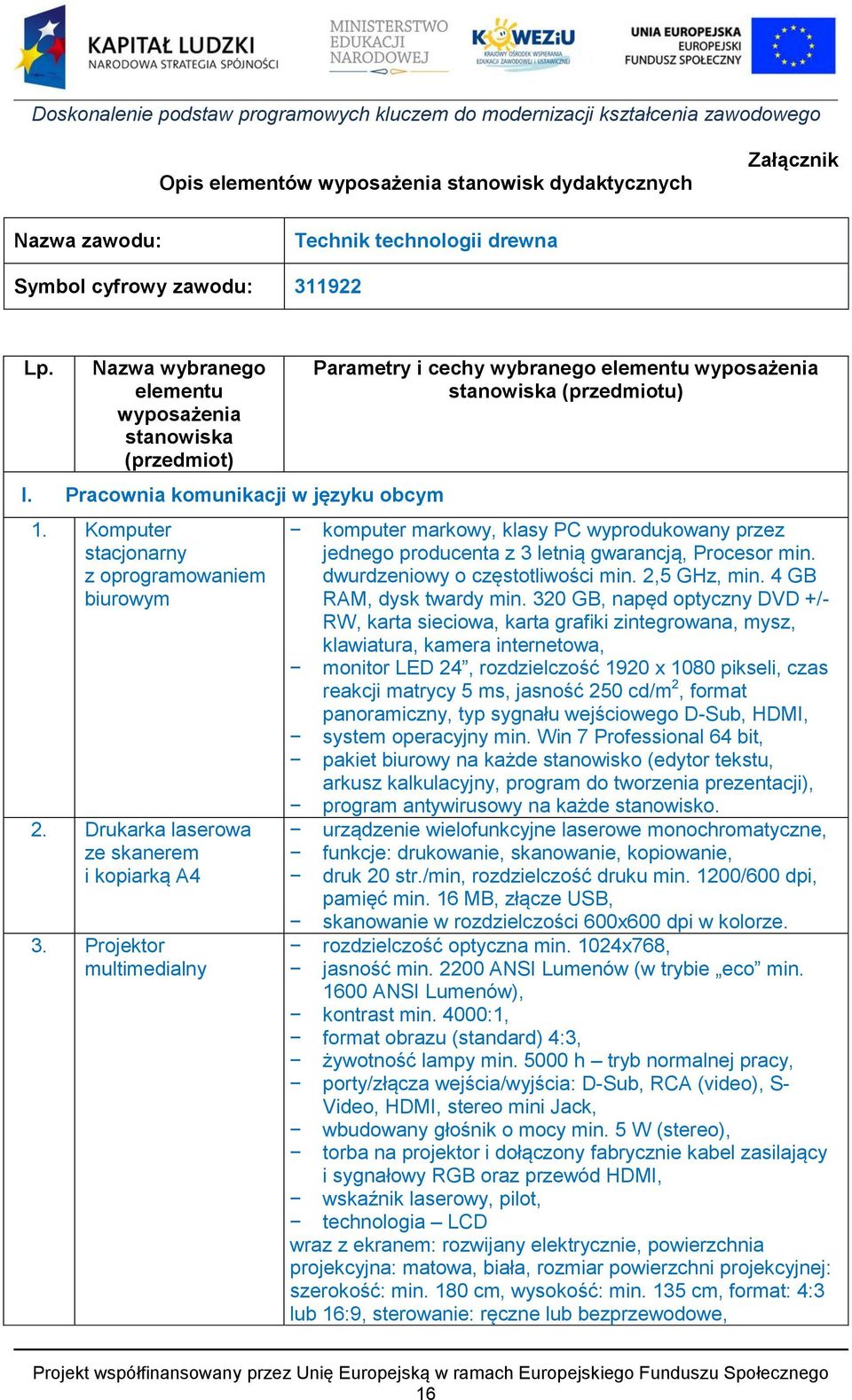 Projektor multimedialny Parametry i cechy wybranego elementu wyposażenia stanowiska (przedmiotu) komputer markowy, klasy PC wyprodukowany przez jednego producenta z 3 letnią gwarancją, Procesor min.