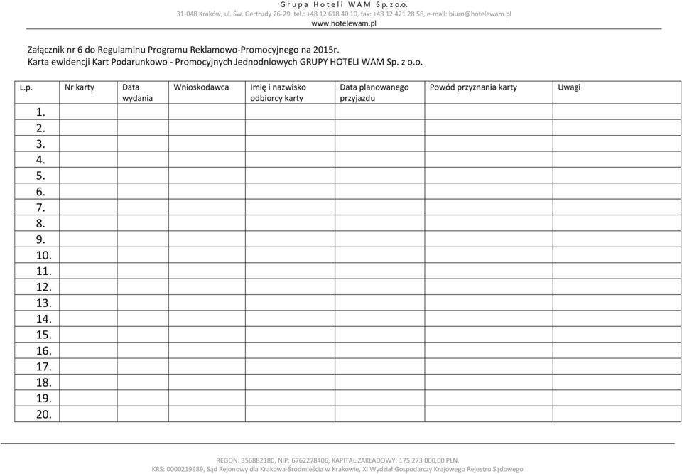 Karta ewidencji Kart Podarunkowo - Promocyjnych Jednodniowych GRUPY HOTELI WAM Sp. z o.o. L.p. Nr karty Data wydania 1. 2. 3. 4. 5. 6. 7.