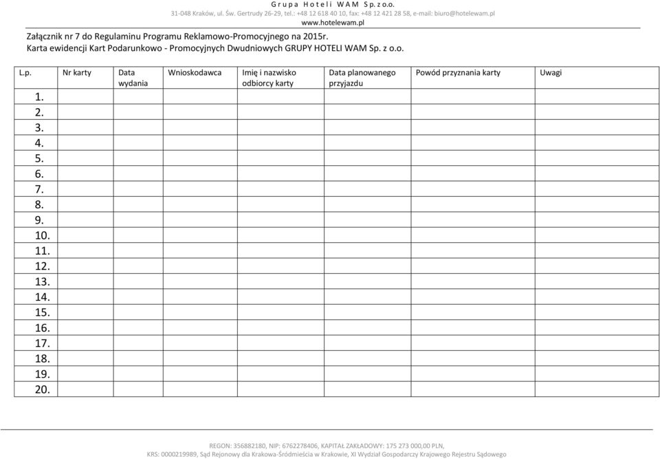 Karta ewidencji Kart Podarunkowo - Promocyjnych Dwudniowych GRUPY HOTELI WAM Sp. z o.o. L.p. Nr karty Data wydania 1. 2. 3. 4. 5. 6. 7.