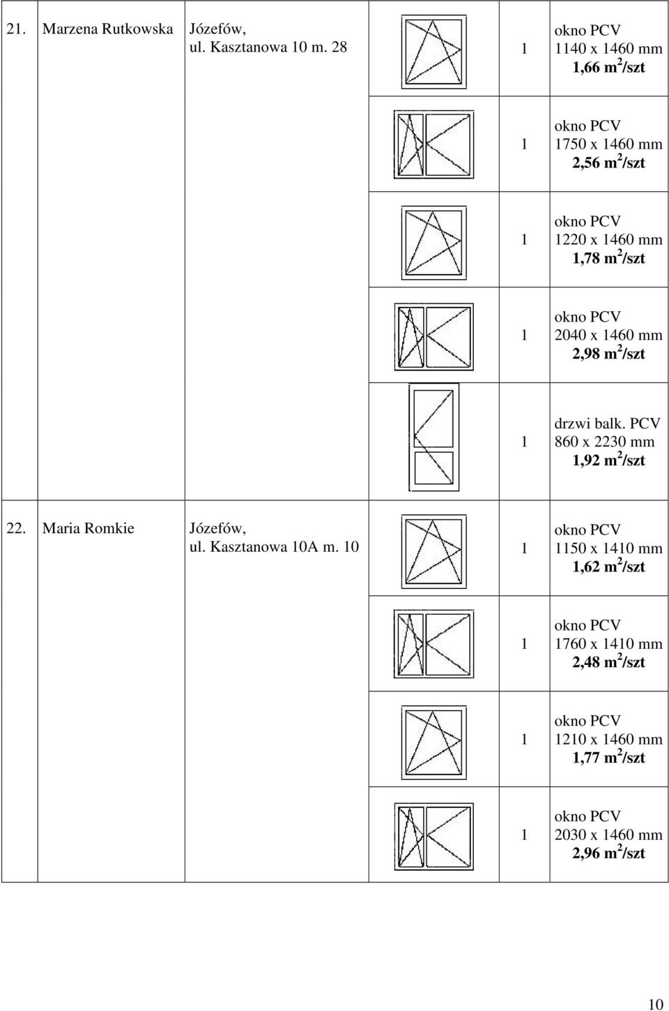 /szt 2040 x 460 mm,92 m 2 /szt 22. Maria Romkie Józefów, ul. Kasztanowa 0A m.