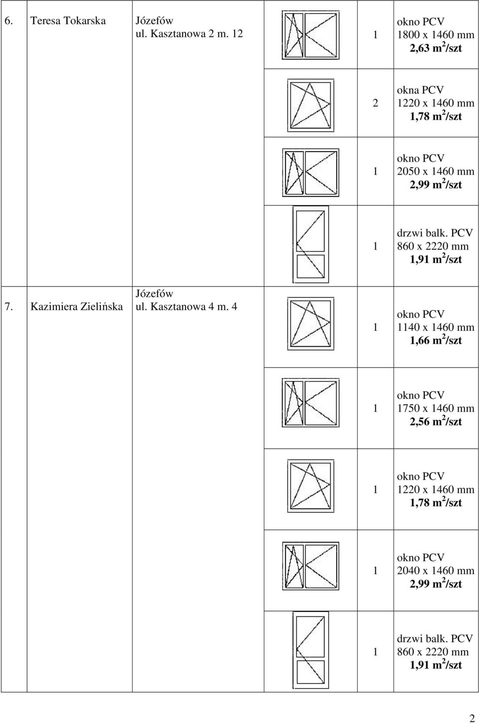 2 /szt,9 m 2 /szt 7. Kazimiera Zielińska Józefów ul. Kasztanowa 4 m.