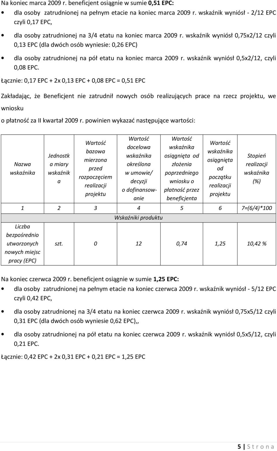 wskaźnik wyniósł 0,75x2/12 czyli 0,13 EPC (dla dwóch osób wyniesie: 0,26 EPC) dla osoby zatrudnionej na pół etatu na koniec marca 2009 r. wskaźnik wyniósł 0,5x2/12, czyli 0,08 EPC.