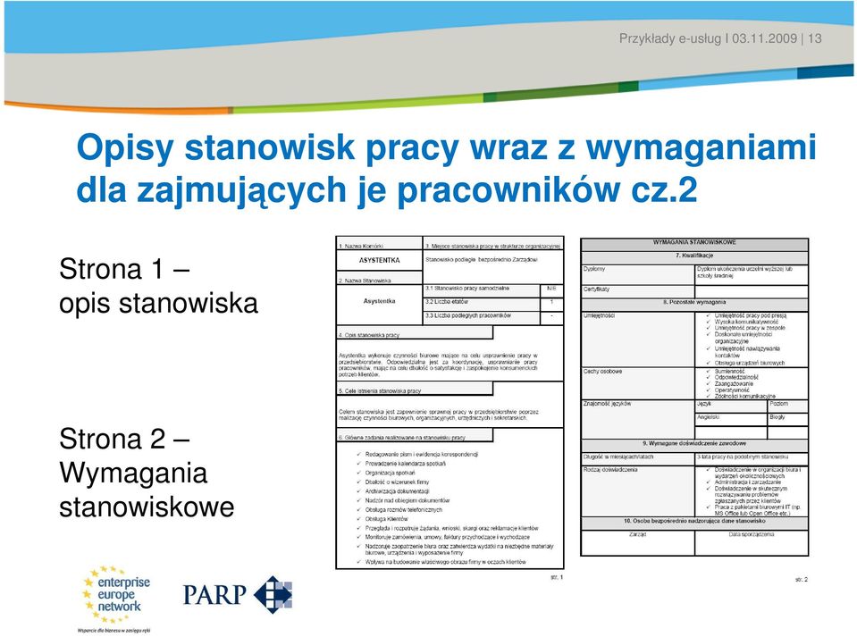 stanowisk pracy wraz z wymaganiami dla zajmujących