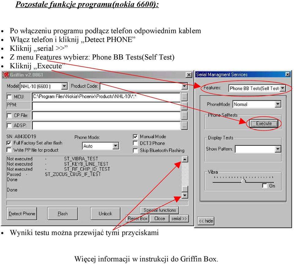 menu Features wybierz: Phone BB Tests(Self Test) Kliknij Execute Wyniki testu