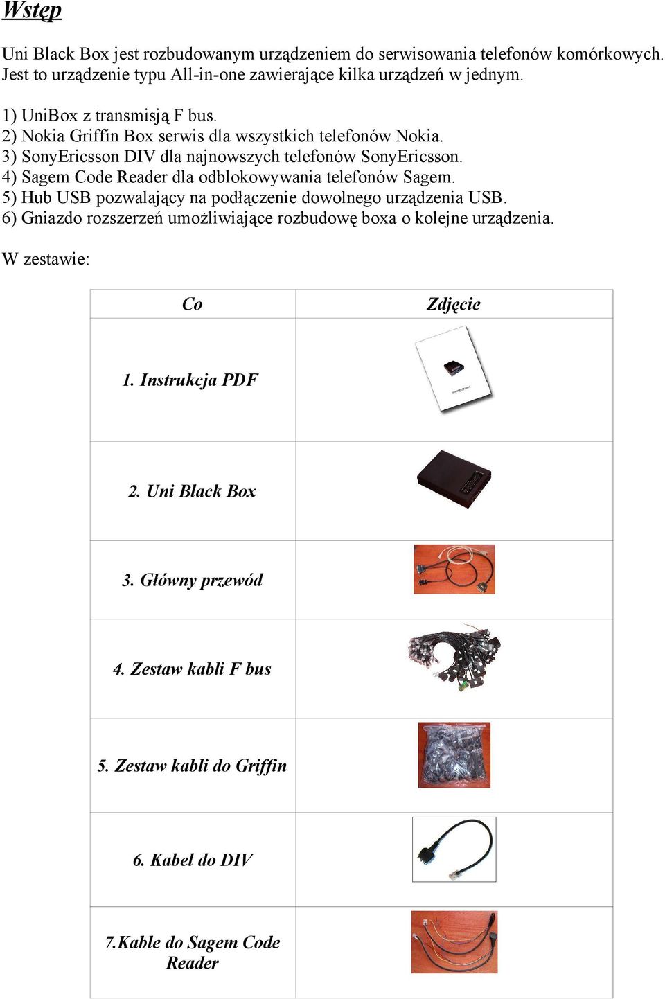 4) Sagem Code Reader dla odblokowywania telefonów Sagem. 5) Hub USB pozwalający na podłączenie dowolnego urządzenia USB.