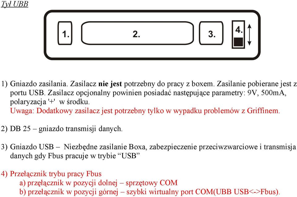 Uwaga: Dodatkowy zasilacz jest potrzebny tylko w wypadku problemów z Griffinem. 2) DB 25 gniazdo transmisji danych.