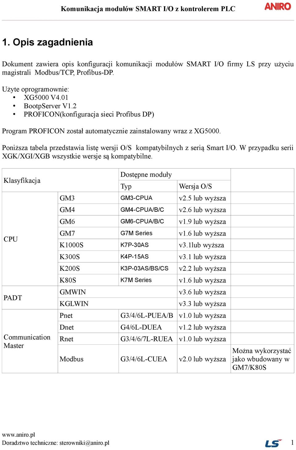 W przypadku serii XGK/XGI/XGB wszystkie wersje są kompatybilne. Klasyfikacja CPU PADT Communication Master Dostępne moduły Typ Wersja O/S GM3 GM3-CPUA v2.5 lub wyższa GM4 GM4-CPUA/B/C v2.