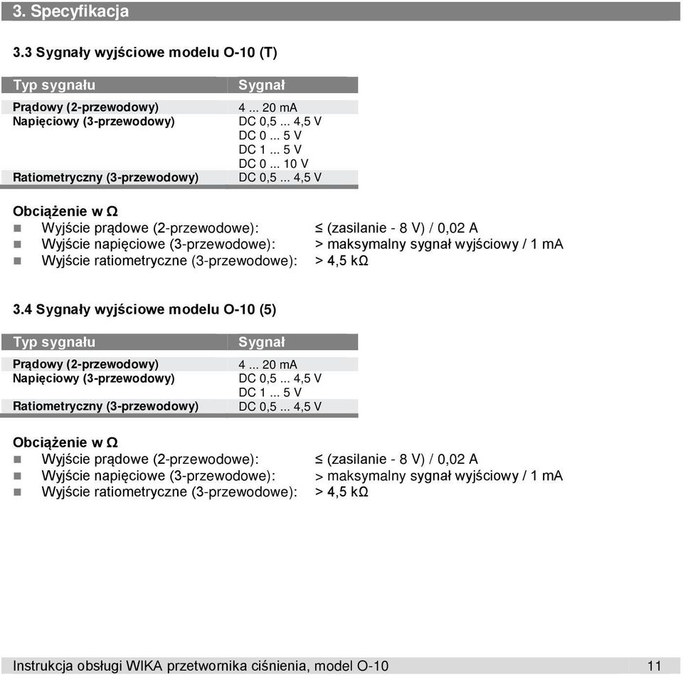 .. 4,5 V Obciążenie w Ω Wyjście prądowe (2-przewodowe): (zasilanie - 8 V) / 0,02 A Wyjście napięciowe (3-przewodowe): > maksymalny sygnał wyjściowy / 1 ma Wyjście ratiometryczne (3-przewodowe): > 4,5