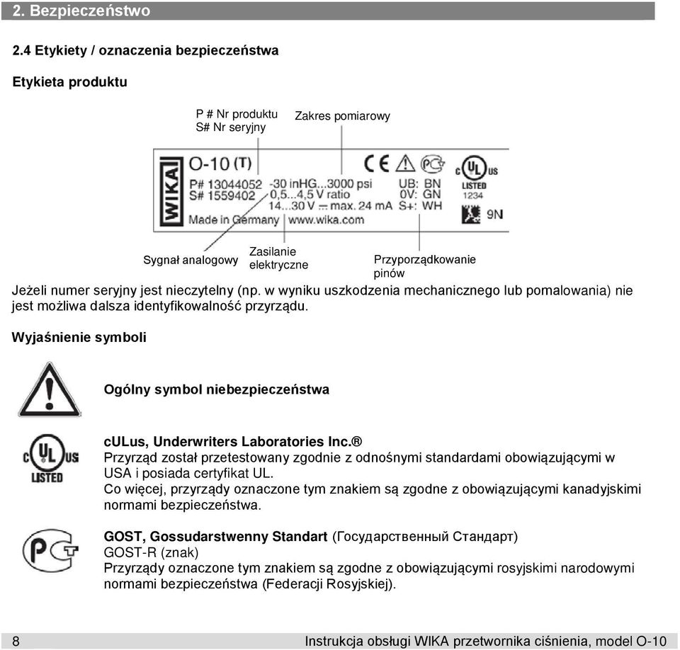 Wyjaśnienie symboli Sygnał analogowy Zasilanie elektryczne Przyporządkowanie pinów Ogólny symbol niebezpieczeństwa culus, Underwriters Laboratories Inc.