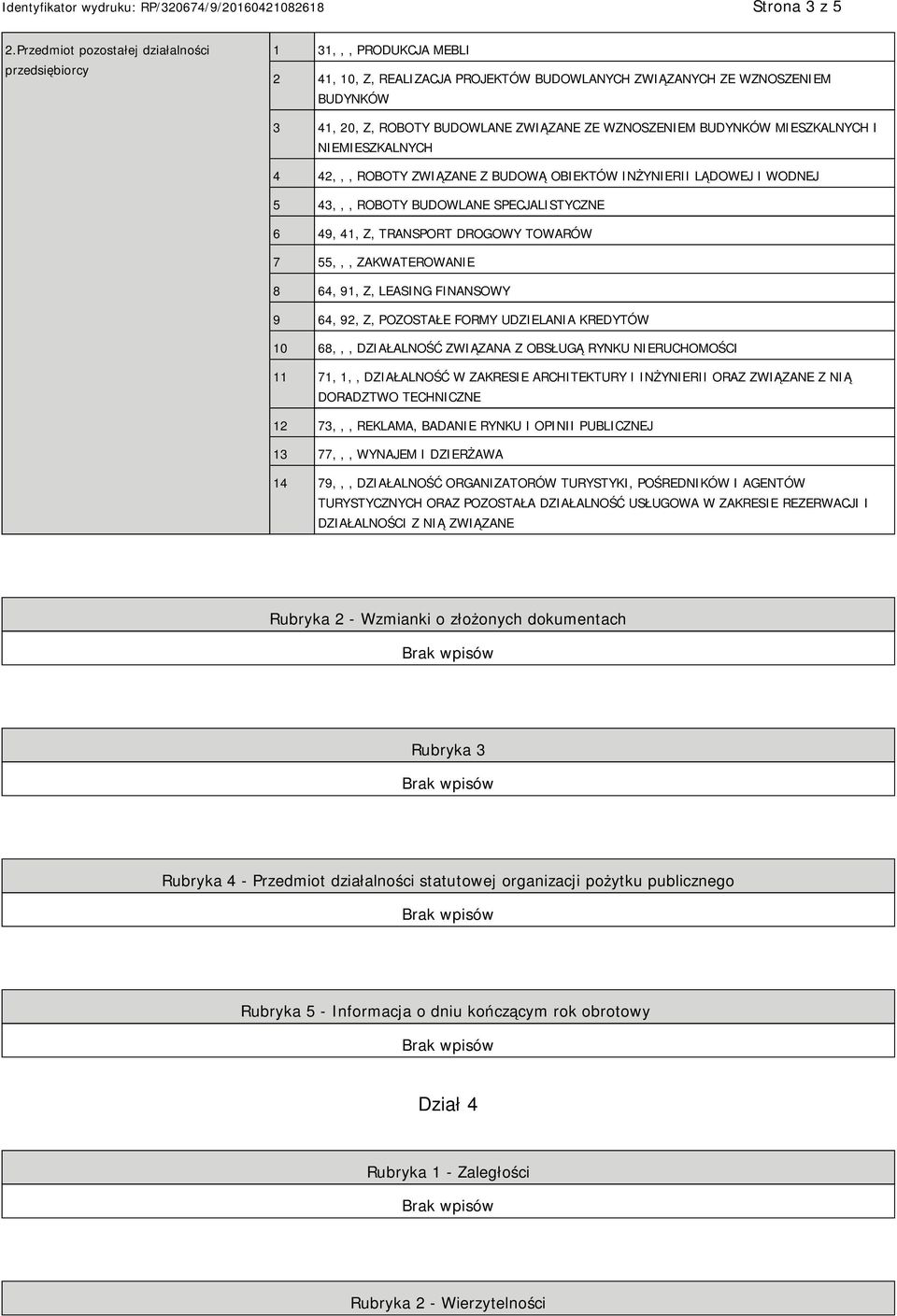 BUDYNKÓW MIESZKALNYCH I NIEMIESZKALNYCH 4 42,,, ROBOTY ZWIĄZANE Z BUDOWĄ OBIEKTÓW INŻYNIERII LĄDOWEJ I WODNEJ 5 43,,, ROBOTY BUDOWLANE SPECJALISTYCZNE 6 49, 41, Z, TRANSPORT DROGOWY TOWARÓW 7 55,,,