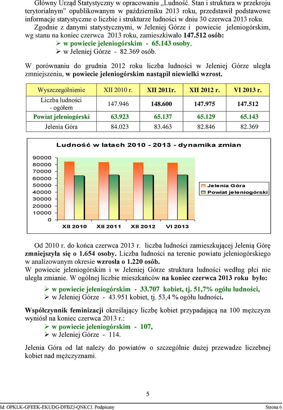 Zgodnie z danymi statystycznymi, w Jeleniej Górze i powiecie jeleniogórskim, wg stanu na koniec czerwca 2013 roku, zamieszkiwało 147.512 osób: w powiecie jeleniogórskim - 65.