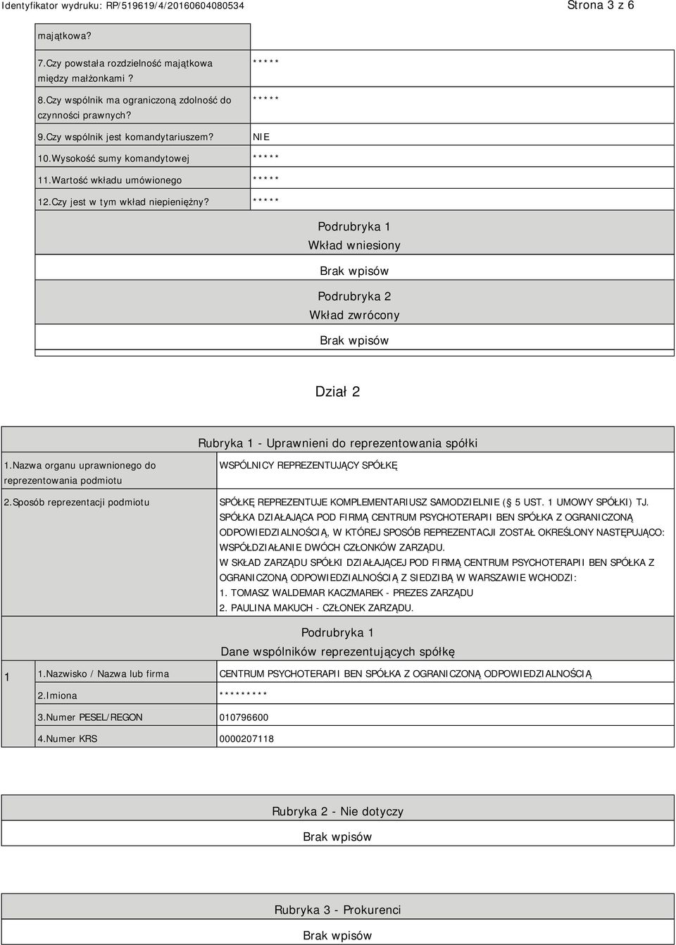 Podrubryka 1 Wkład wniesiony Podrubryka 2 Wkład zwrócony Dział 2 Rubryka 1 - Uprawnieni do reprezentowania spółki 1.Nazwa organu uprawnionego do reprezentowania podmiotu 2.