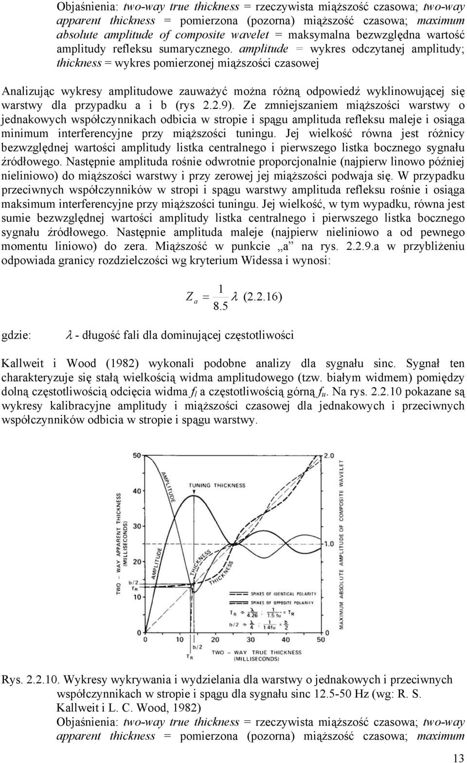 amplitude = wykres odczytanej amplitudy; thickness = wykres pomierzonej miąższości czasowej Analizując wykresy amplitudowe zauważyć można różną odpowiedź wyklinowującej się warstwy dla przypadku a i