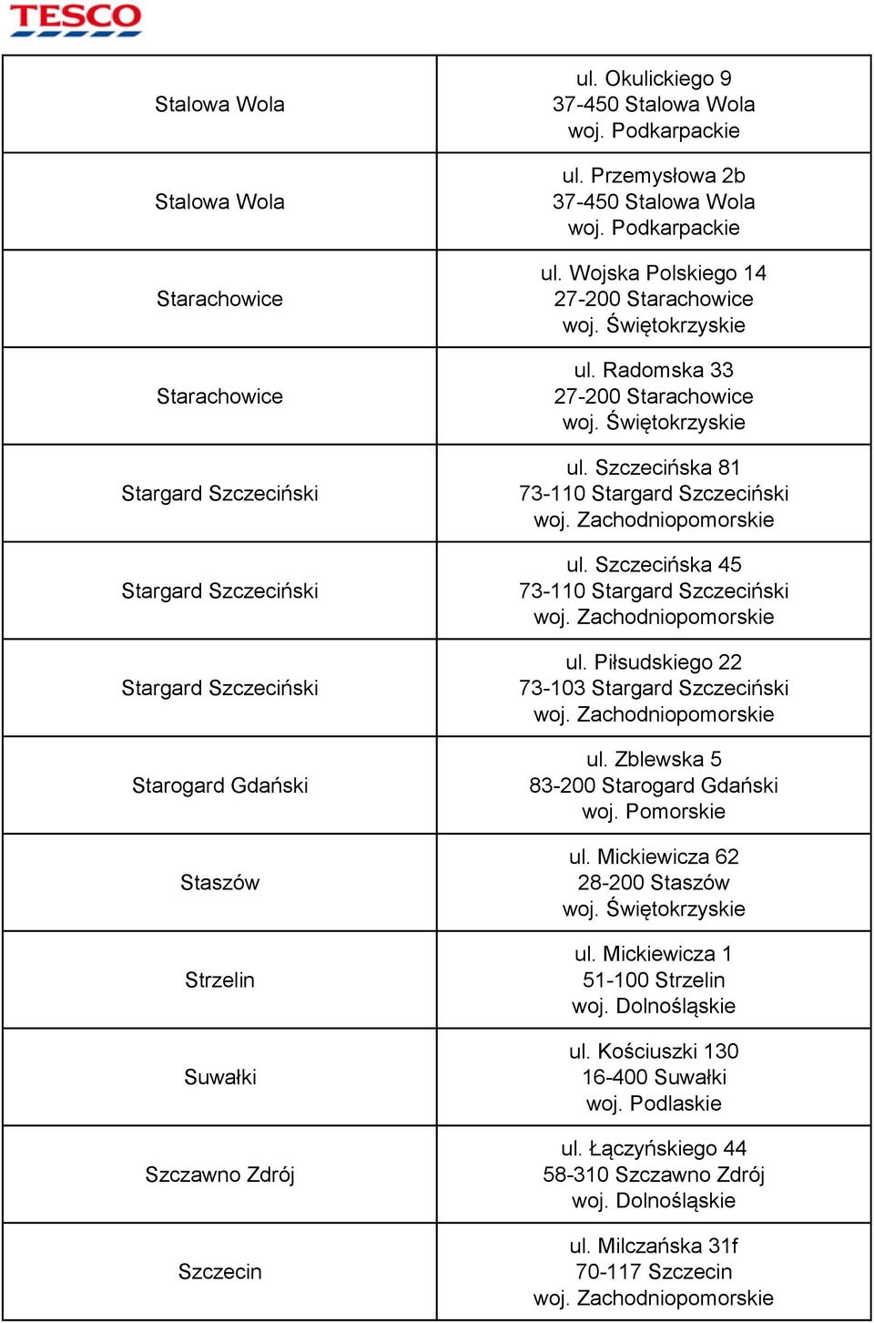 Szczecińska 81 73-110 Stargard Szczeciński woj. Zachodniopomorskie ul. Szczecińska 45 73-110 Stargard Szczeciński woj. Zachodniopomorskie ul. Piłsudskiego 22 73-103 Stargard Szczeciński woj.