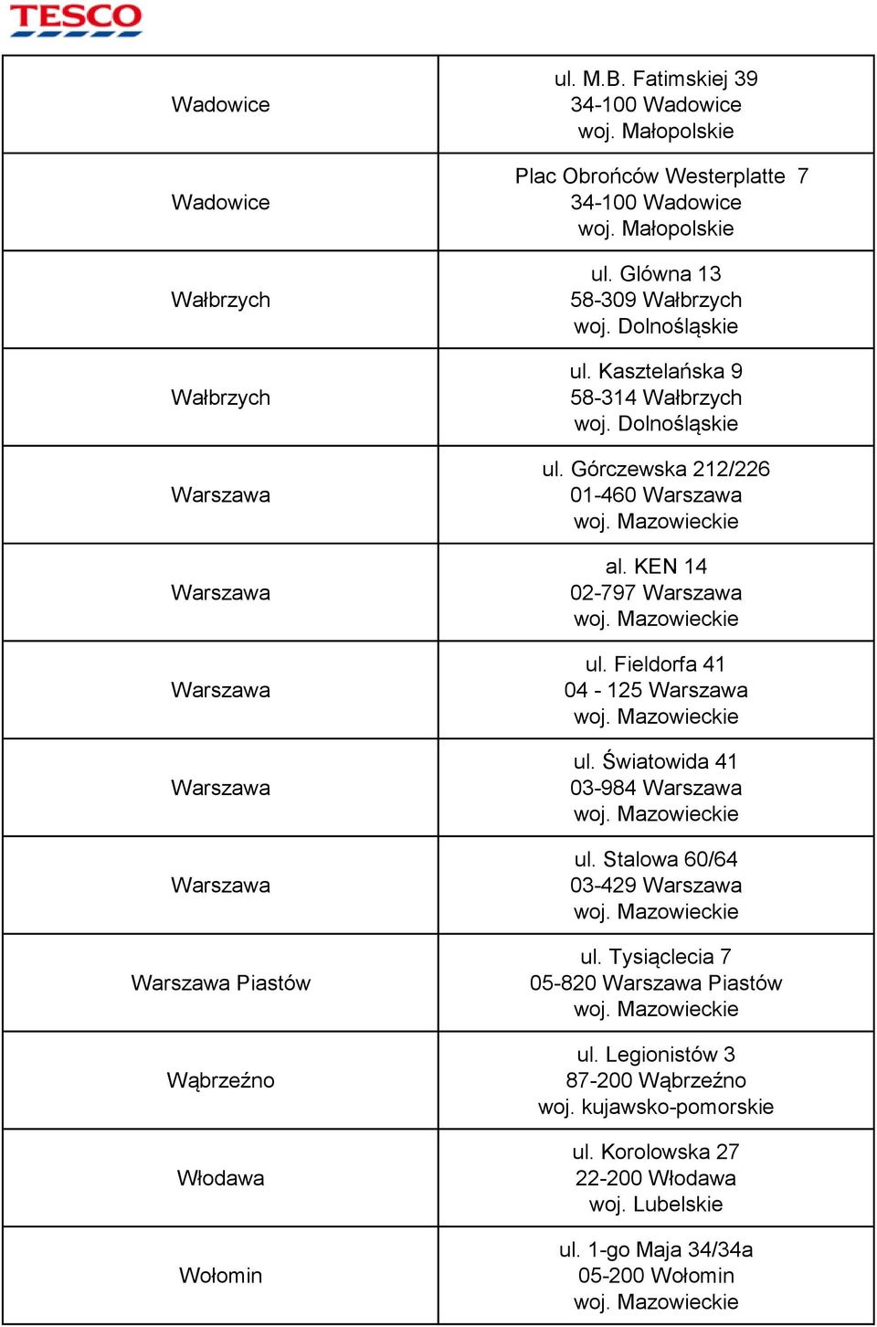 Górczewska 212/226 01-460 Warszawa al. KEN 14 02-797 Warszawa ul. Fieldorfa 41 04-125 Warszawa ul. Światowida 41 03-984 Warszawa ul.