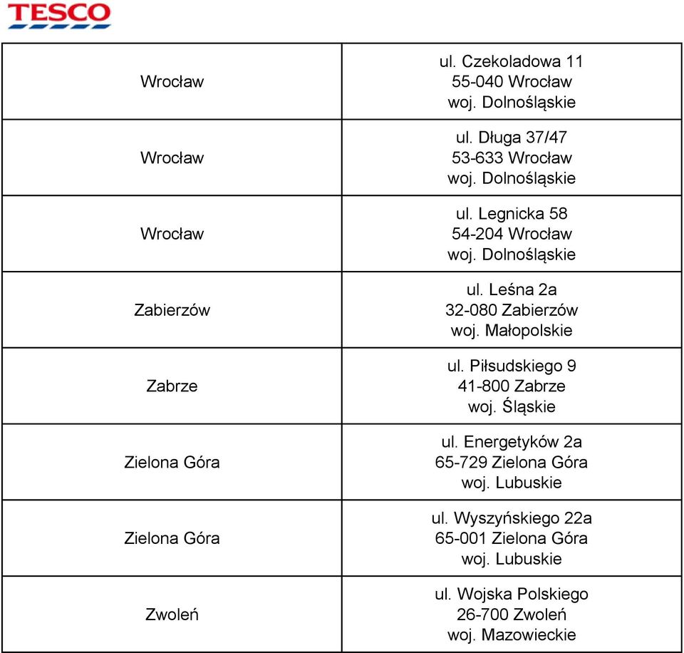 Legnicka 58 54-204 Wrocław ul. Leśna 2a 32-080 Zabierzów ul. Piłsudskiego 9 41-800 Zabrze ul.