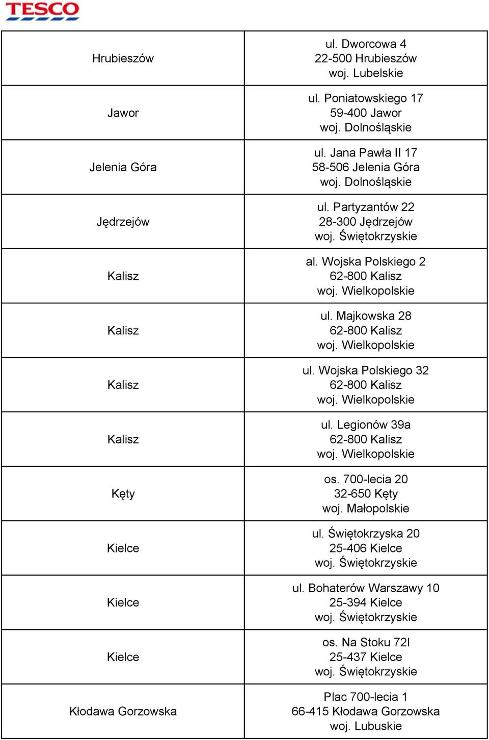 Wojska Polskiego 2 62-800 Kalisz ul. Majkowska 28 62-800 Kalisz ul. Wojska Polskiego 32 62-800 Kalisz ul. Legionów 39a 62-800 Kalisz os.