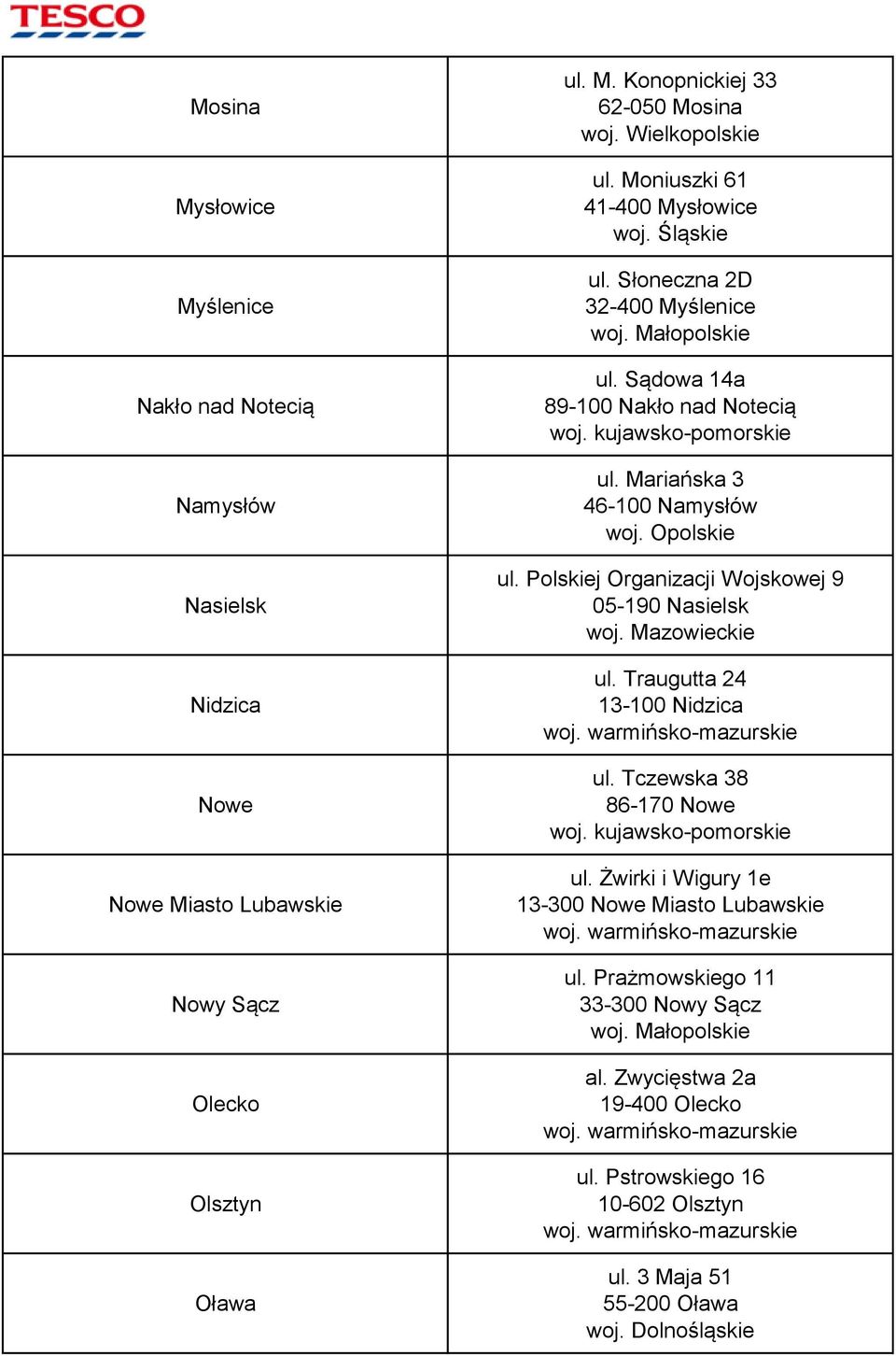 Polskiej Organizacji Wojskowej 9 05-190 Nasielsk ul. Traugutta 24 13-100 Nidzica ul. Tczewska 38 86-170 Nowe ul.