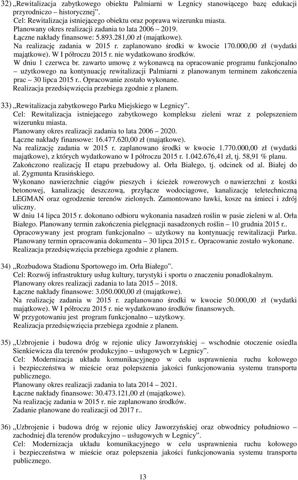 000,00 zł (wydatki majątkowe). W I półroczu 2015 r. nie wydatkowano środków. W dniu 1 czerwca br.