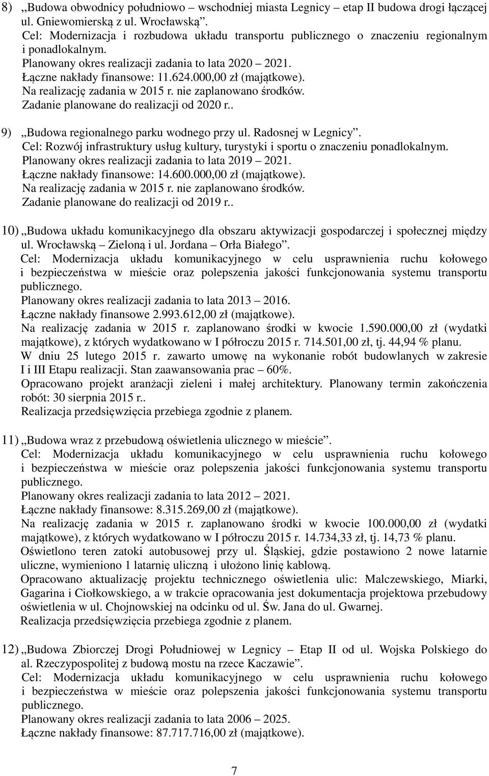 000,00 zł (majątkowe). Zadanie planowane do realizacji od 2020 r.. 9) Budowa regionalnego parku wodnego przy ul. Radosnej w Legnicy.