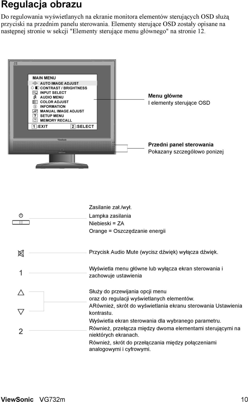 Menu główne I elementy sterujące OSD Przedni panel sterowania Pokazany szczególowo ponizej Zasilanie zał./wył.