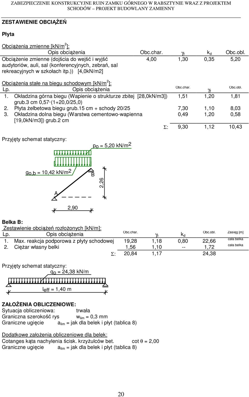 )) [4,0kN/m2] 4,00 1,30 0,35 5,20 Obciążenia stałe na biegu schodowym [kn/m 2 ]: Lp. Opis obciążenia Obc.char. γ f Obc.obl. 1. Okładzina górna biegu (Wapienie o strukturze zbitej [28,0kN/m3]) 1,51 1,20 1,81 grub.