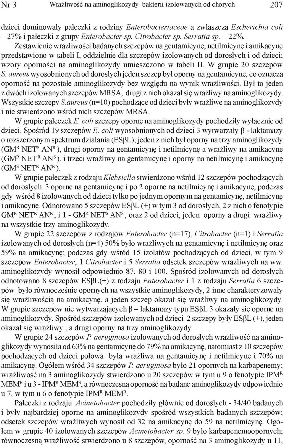 Zestawienie wrażliwości badanych szczepów na gentamicynę, netilmicynę i amikacynę przedstawiono w tabeli I, oddzielnie dla szczepów izolowanych od dorosłych i od dzieci; wzory oporności na