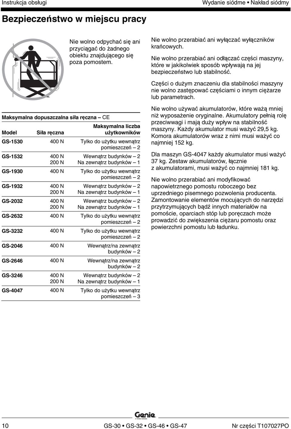 Części o dużym znaczeniu dla stabilności maszyny nie wolno zastępować częściami o innym ciężarze lub parametrach.