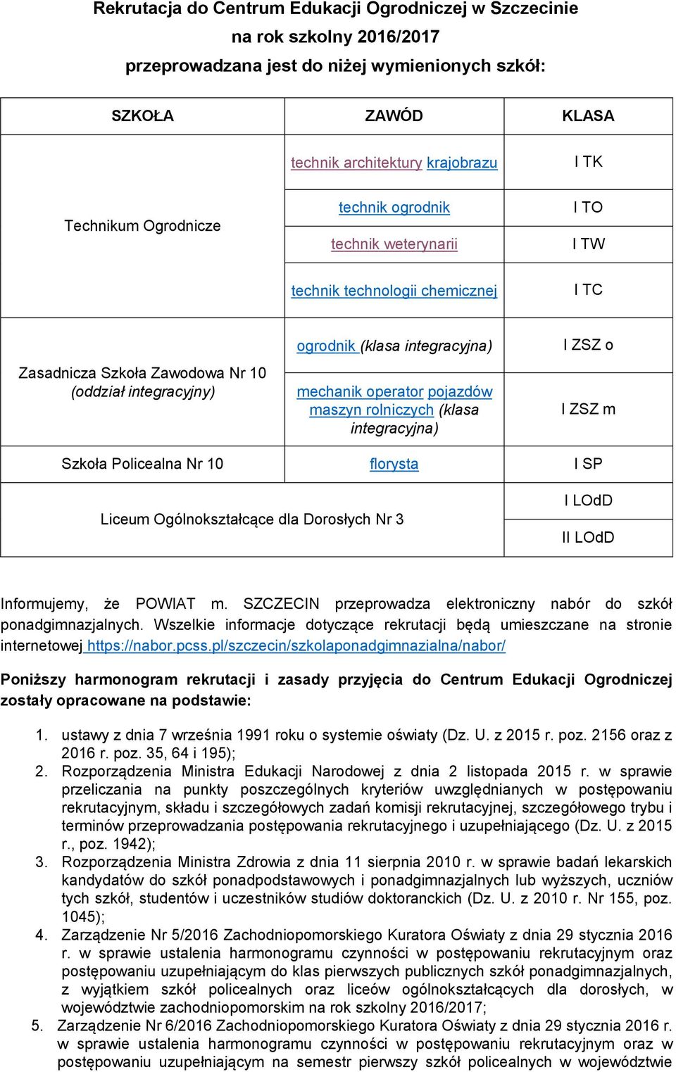 pojazdów maszyn rolniczych (klasa integracyjna) I ZSZ o I ZSZ m Szkoła Policealna Nr 10 florysta I SP Liceum Ogólnokształcące dla Dorosłych Nr 3 I LOdD II LOdD Informujemy, że POWIAT m.