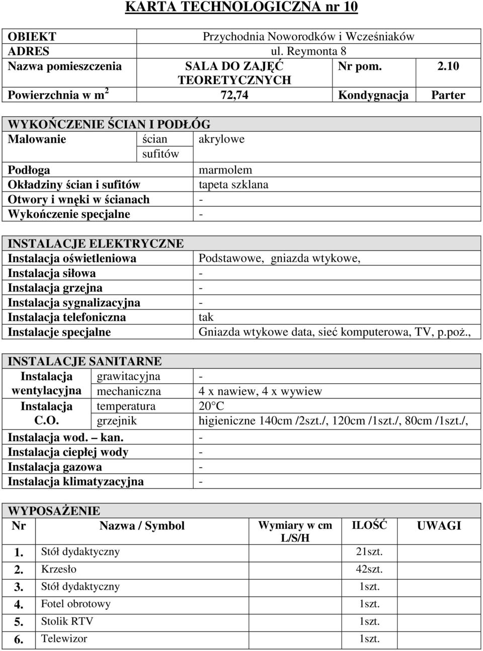 Instalacja telefoniczna tak Gniazda wtykowe data, sieć komputerowa, TV, p.poż., wentylacyjna mechaniczna 4 x nawiew, 4 x wywiew C.O.