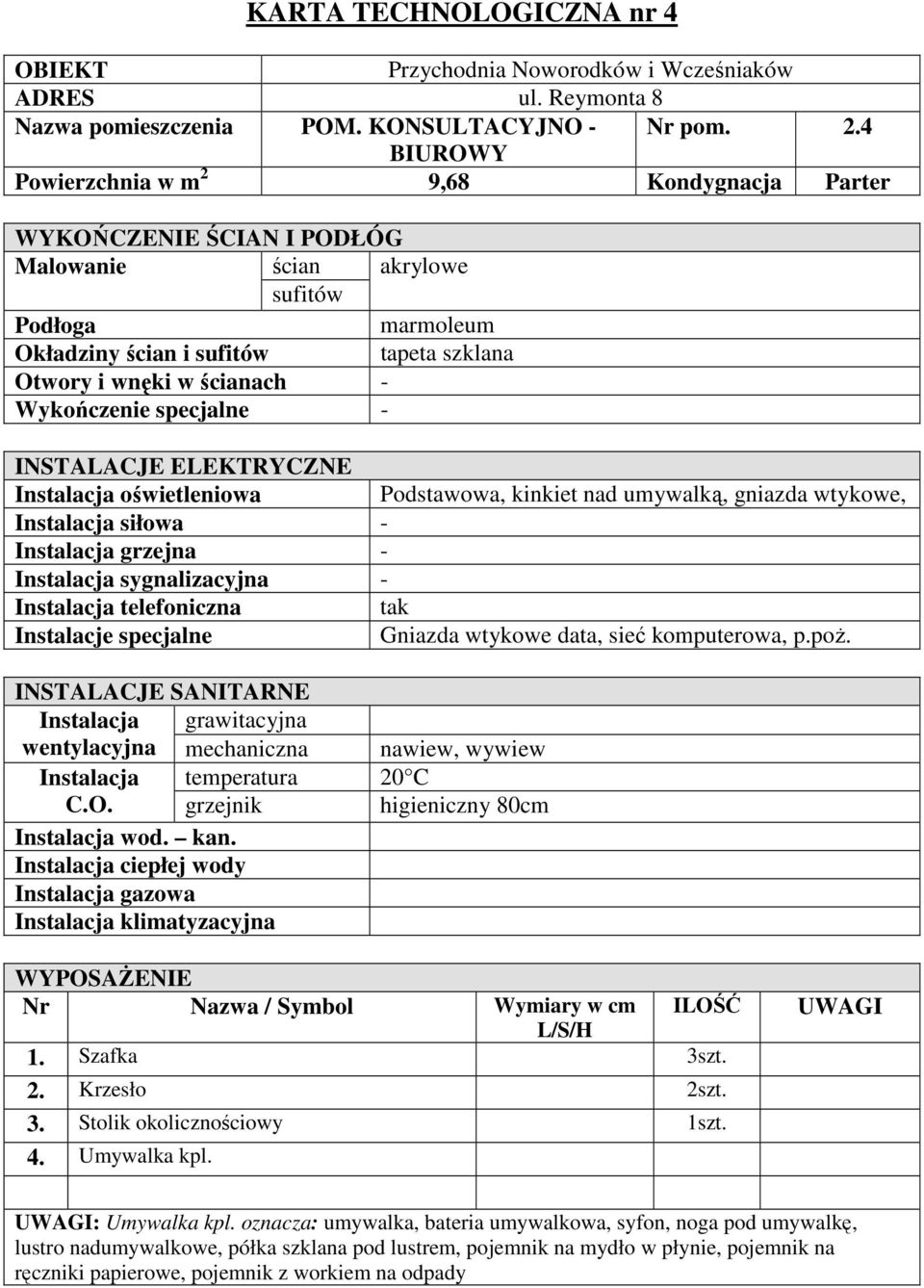 data, sieć komputerowa, p.poż. Instalacja grawitacyjna wentylacyjna mechaniczna nawiew, wywiew C.O. grzejnik higieniczny 80cm Instalacja gazowa Instalacja klimatyzacyjna 1.