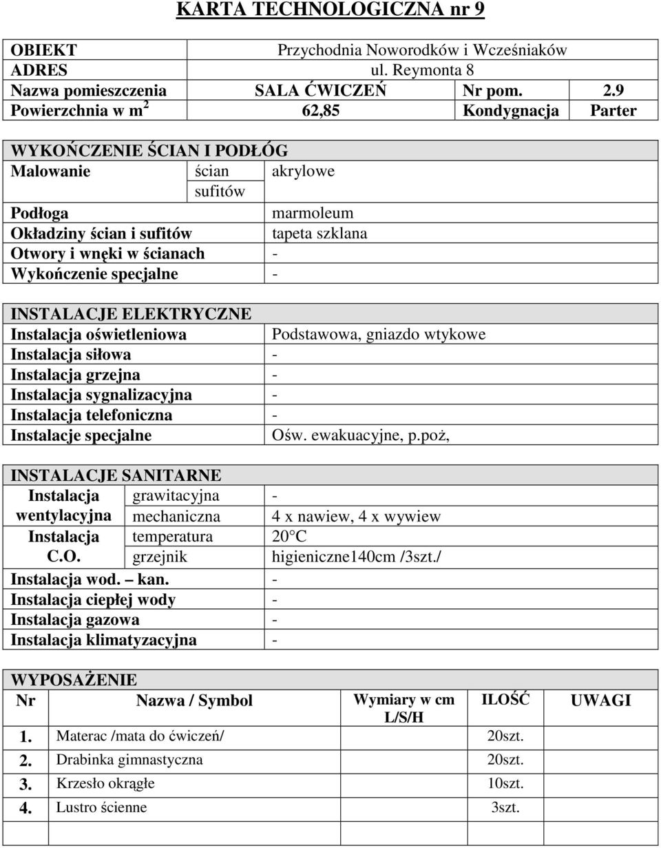 wtykowe Ośw. ewakuacyjne, p.poż, wentylacyjna mechaniczna 4 x nawiew, 4 x wywiew C.O. grzejnik higieniczne140cm /3szt.