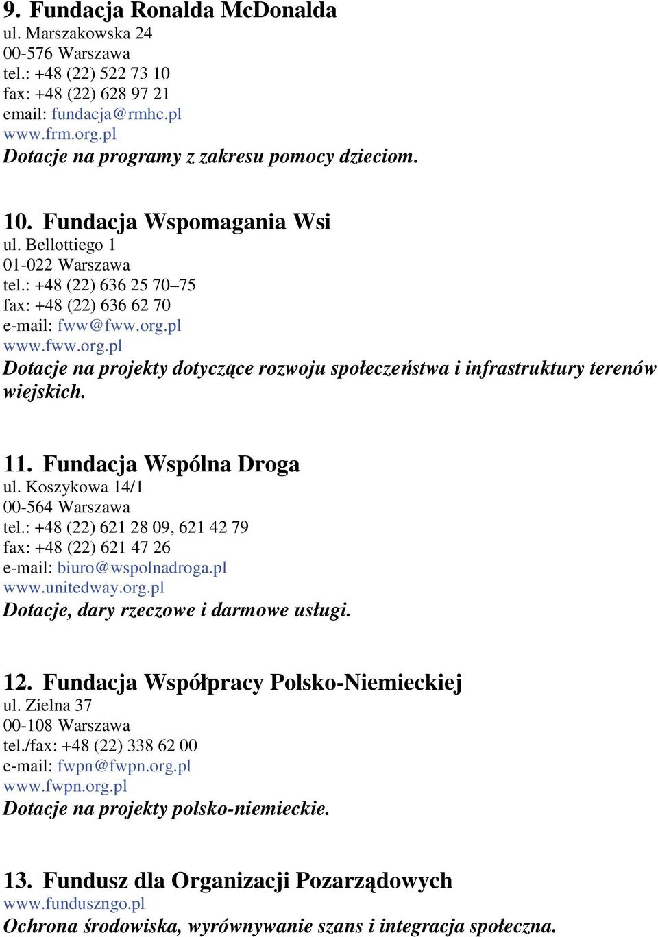 pl www.fww.org.pl Dotacje na projekty dotyczące rozwoju społeczeństwa i infrastruktury terenów wiejskich. 11. Fundacja Wspólna Droga ul. Koszykowa 14/1 00-564 Warszawa tel.