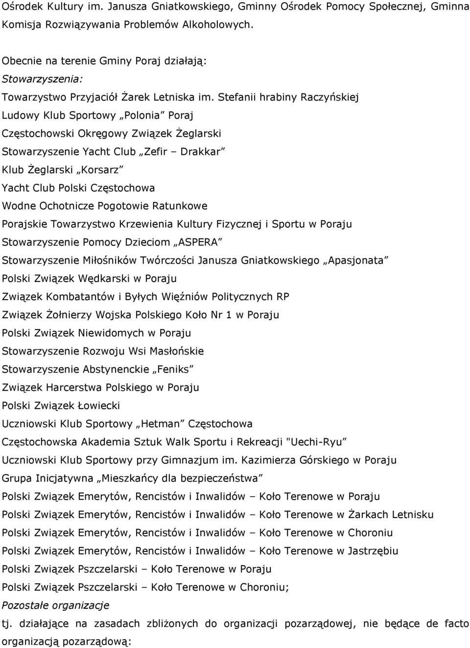 Stefanii hrabiny Raczyńskiej Ludowy Klub Sportowy Polonia Poraj Częstochowski Okręgowy Związek Żeglarski Stowarzyszenie Yacht Club Zefir Drakkar Klub Żeglarski Korsarz Yacht Club Polski Częstochowa
